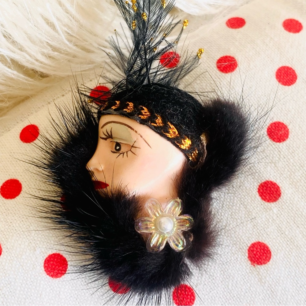 Fancy Lady Head Pin Brooch Fur Mink Vintage